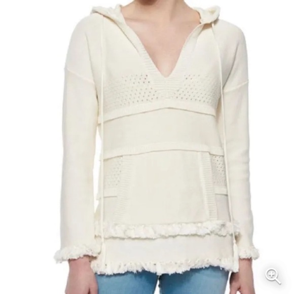 Tory Burch Women’s Baja Mixed Knit Hoodie Cream Tassel V Neck Pullover Sweater S - Picture 3 of 14